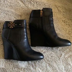 Genuine Tory Burch Leather Wedge Boots Black